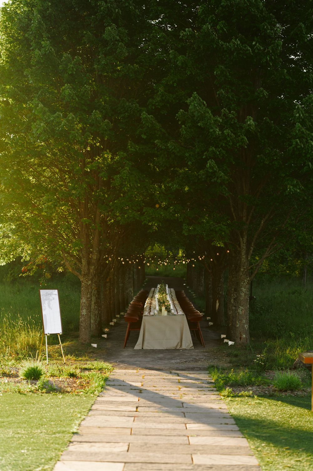 Elegant outdoor wedding reception table set under a canopy of tall trees with string lights along a stone pathway.