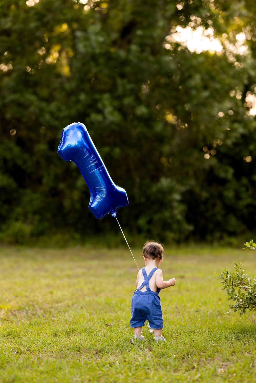 Toddler in blue overalls holding a number 1 balloon on first birthday outdoors.