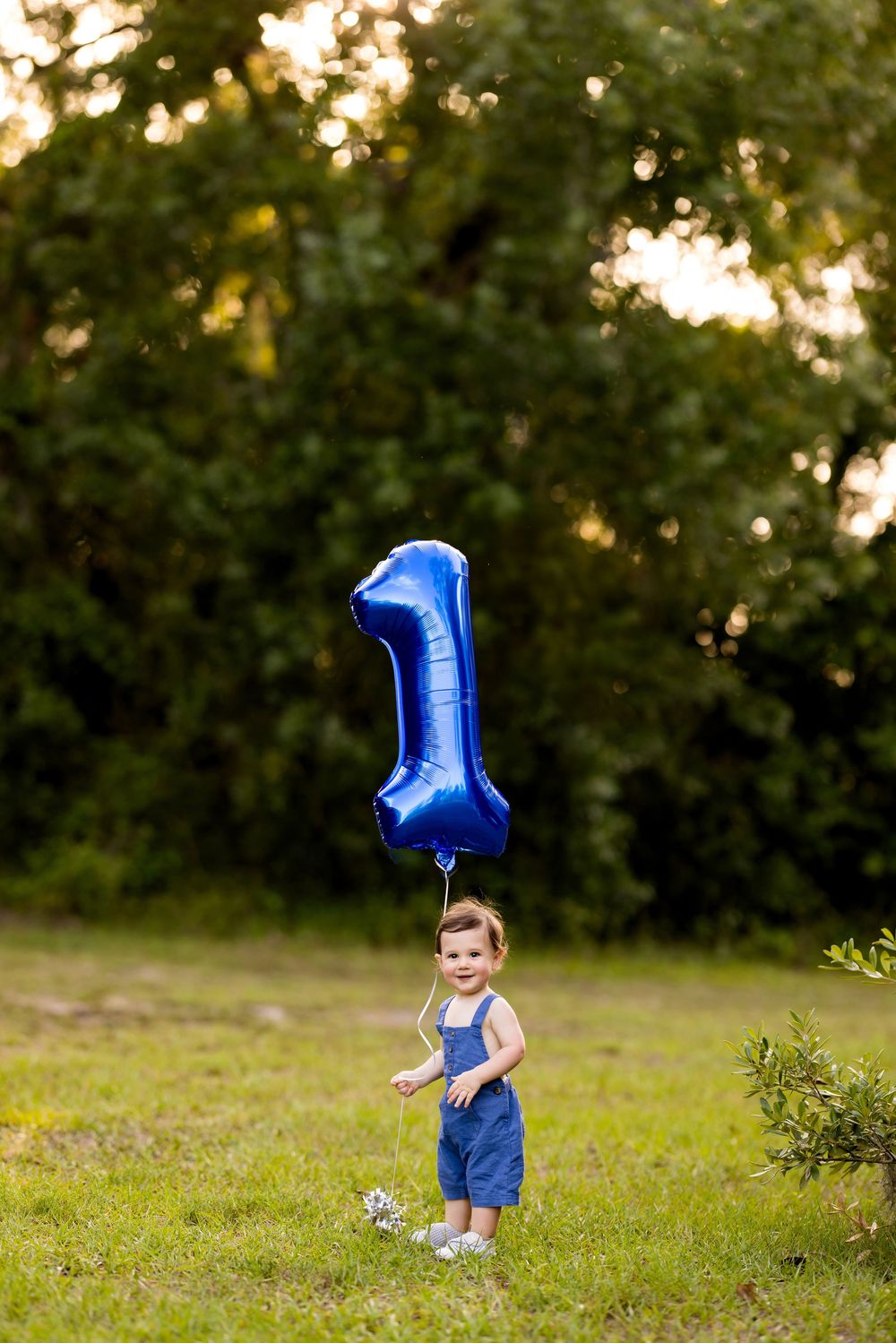 Toddler in blue overalls holding a blue number 1 balloon outdoors, celebrating their first birthday.