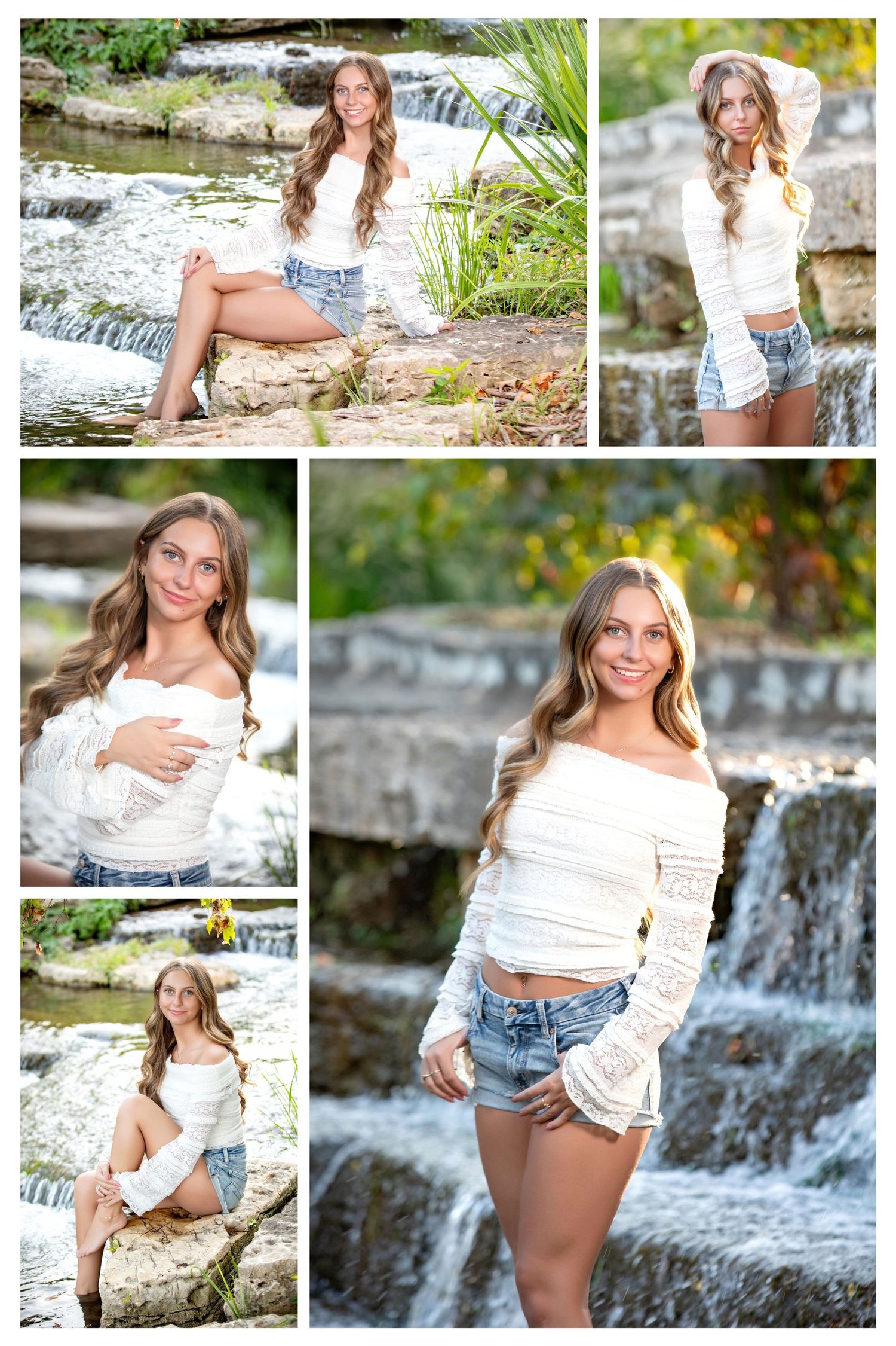 Pickerington Central senior portrait session at the Community Gardens with waterfalls, greenery, and golden hour lighting.