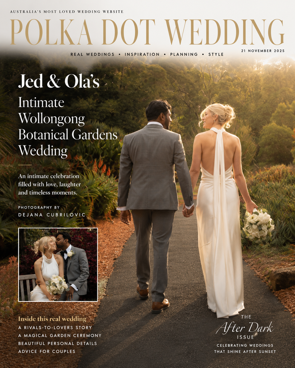 Bride and groom sharing a romantic moment on a garden bench during their intimate Wollongong Botanic Garden wedding, by Dejana Cubrilovic