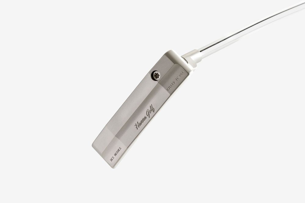 Silver rectangular USB drive with elegant script branding, attached to a thin wire lanyard on white background.