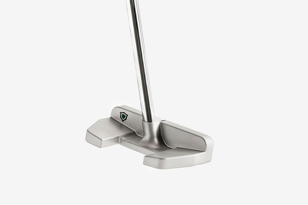 Silver mallet golf putter with sleek modern design, featuring a wide flat head and black shaft on white background.