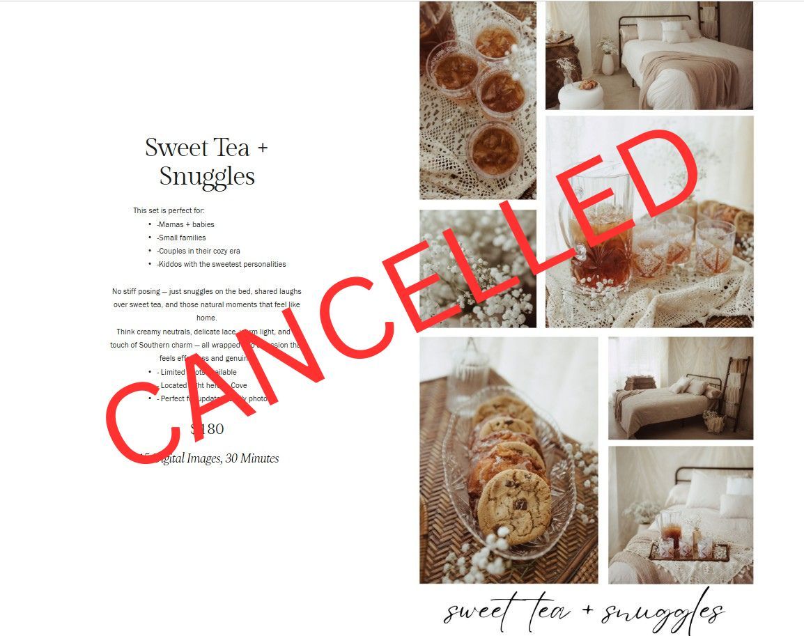 Cancelled Sweet Tea and Snuggles recipe card with cozy lifestyle photos of cookies, tea, and bedroom decor.