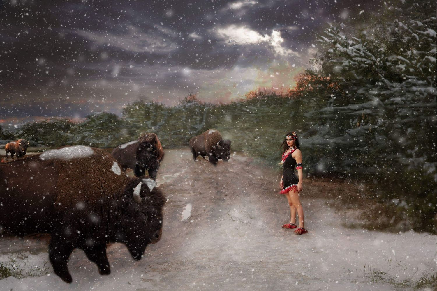 A woman in a warrior costume stands on a snowy road as bison walk past during a snowfall at dusk.