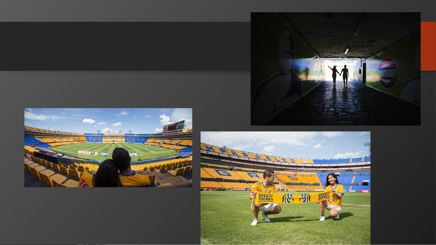 Tigres UANL soccer stadium with vibrant yellow seats, couple posing on field, and tunnel entrance view.