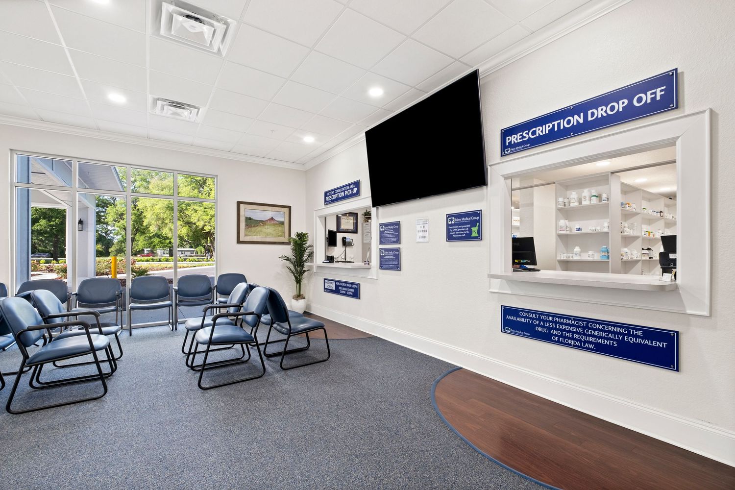 Commercial interior photograph of a pharmacy at Palms Medical Group in Gainesville, Fl.