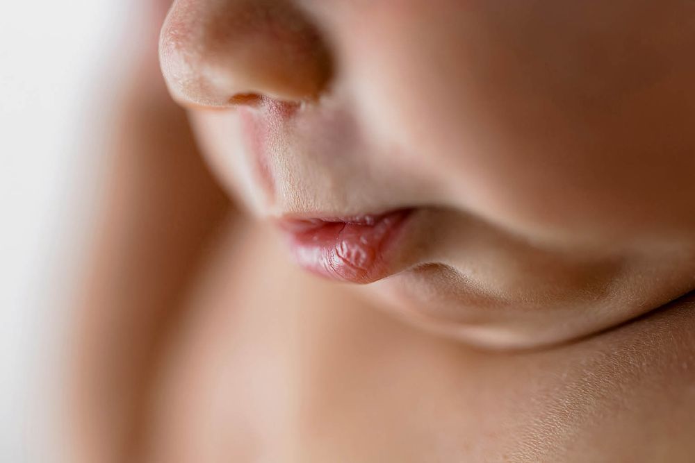 Close-up of a newborn baby's nose and lips, capturing delicate features in soft natural light.