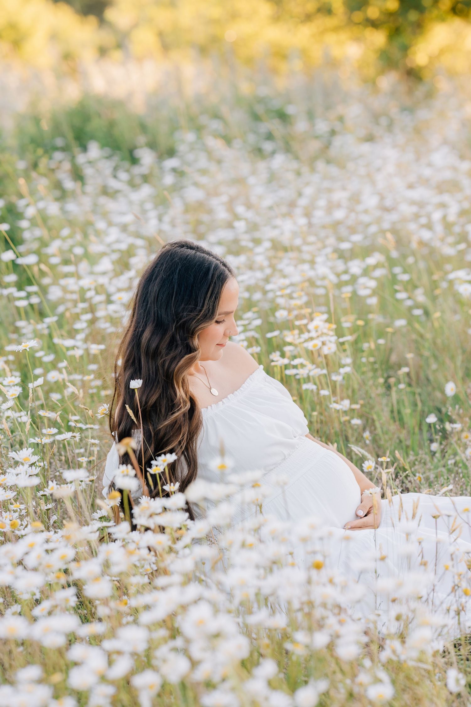 Pregnant woman in white dress sitting in a field of white daisies, cradling her baby bump in golden sunlight.