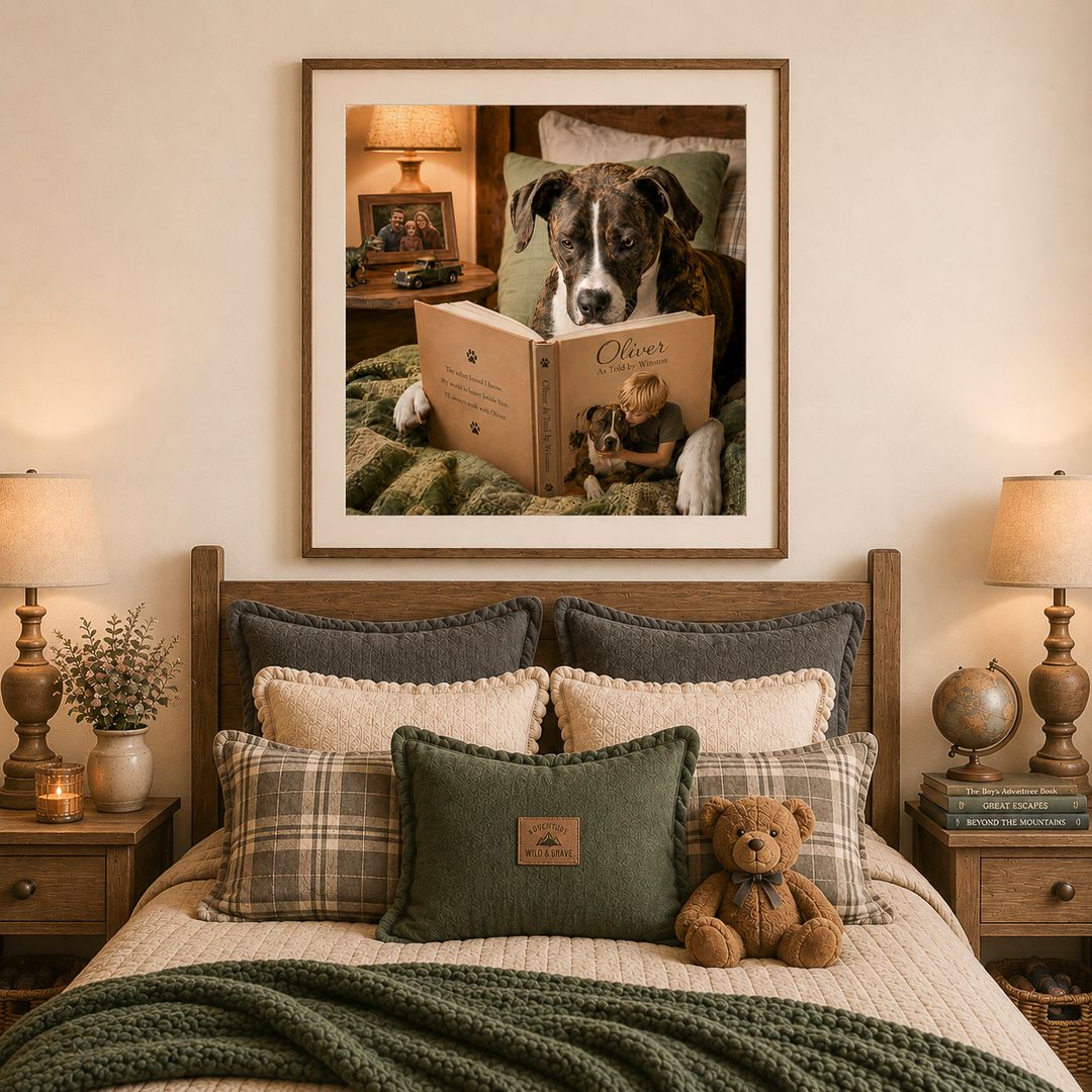 Cozy bedroom with plaid pillows, teddy bear, green throw, and framed art of a dog reading a book above wooden headboard.