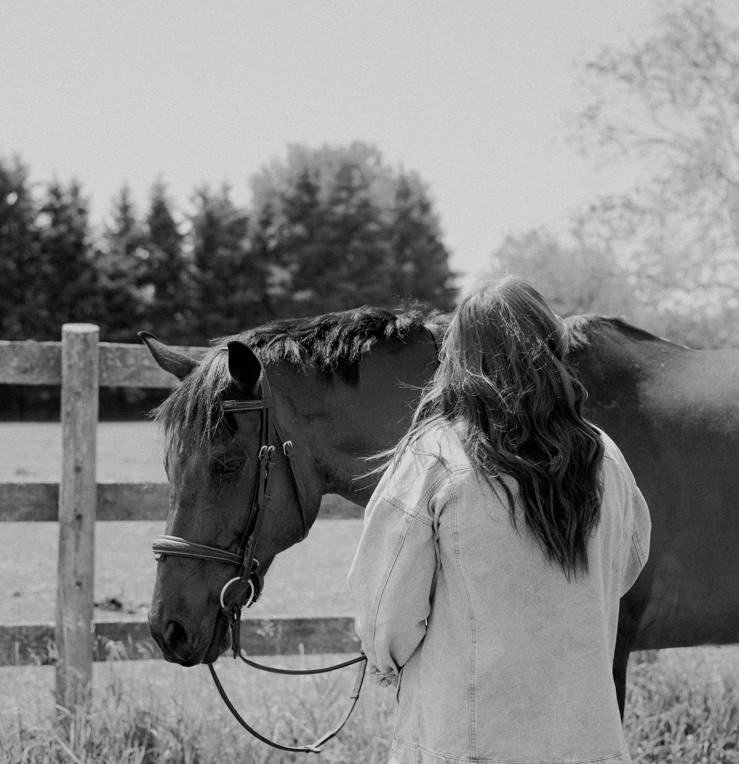 Young woman standing beside a bridled bay horse near a wooden fence in black and white.
