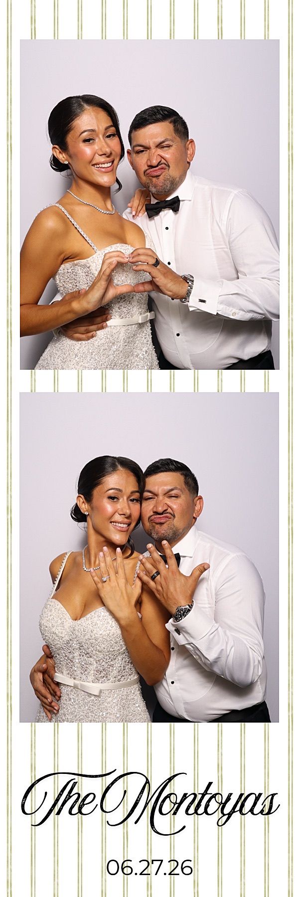 Two women pose in a wedding photo booth holding signs reading Now Introducing and Livin my Yes Life at The Montoyas wedding.