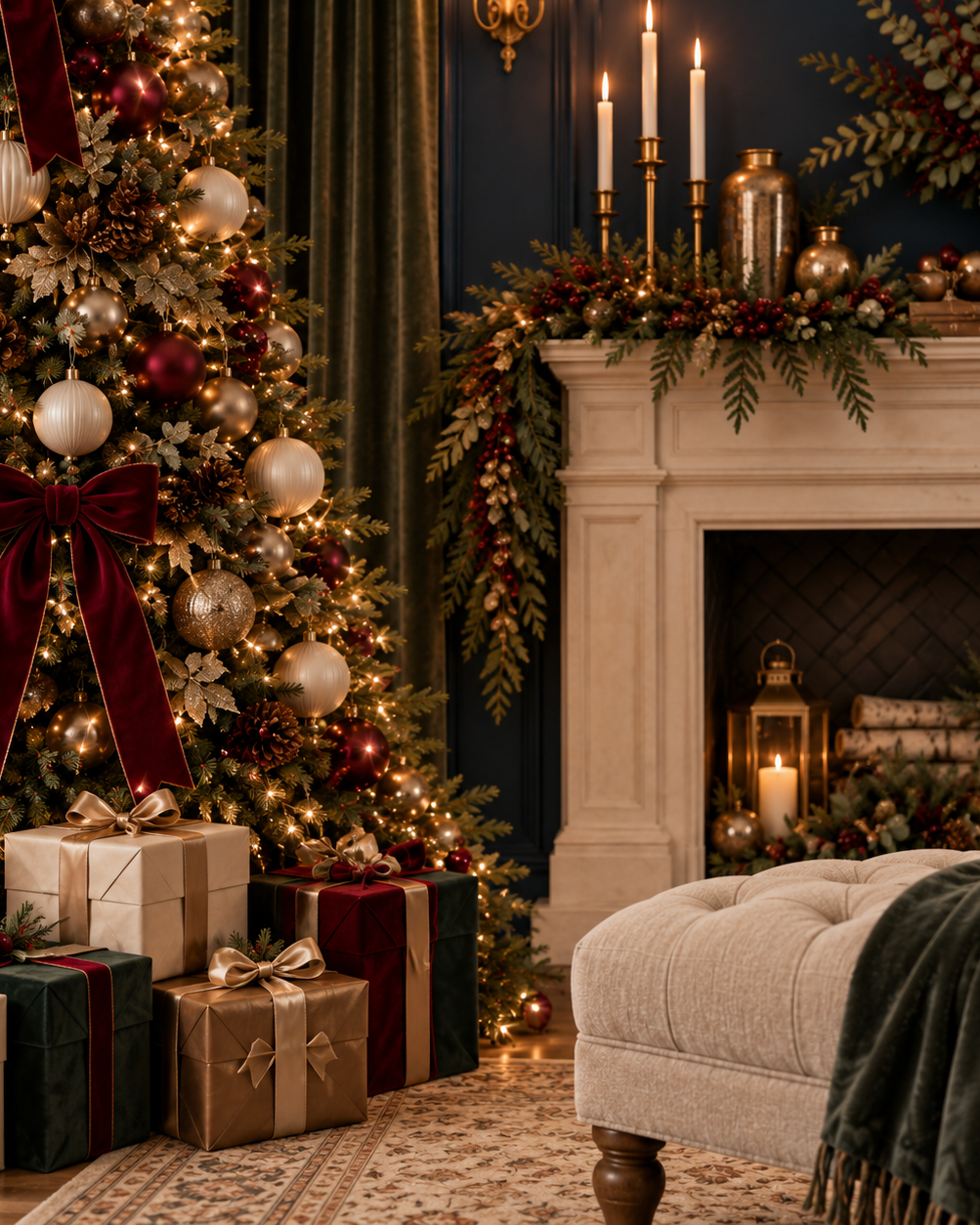 Elegant Christmas living room with decorated tree, wrapped gifts, lit fireplace, garland mantel, and candles in rich red and gold tones.