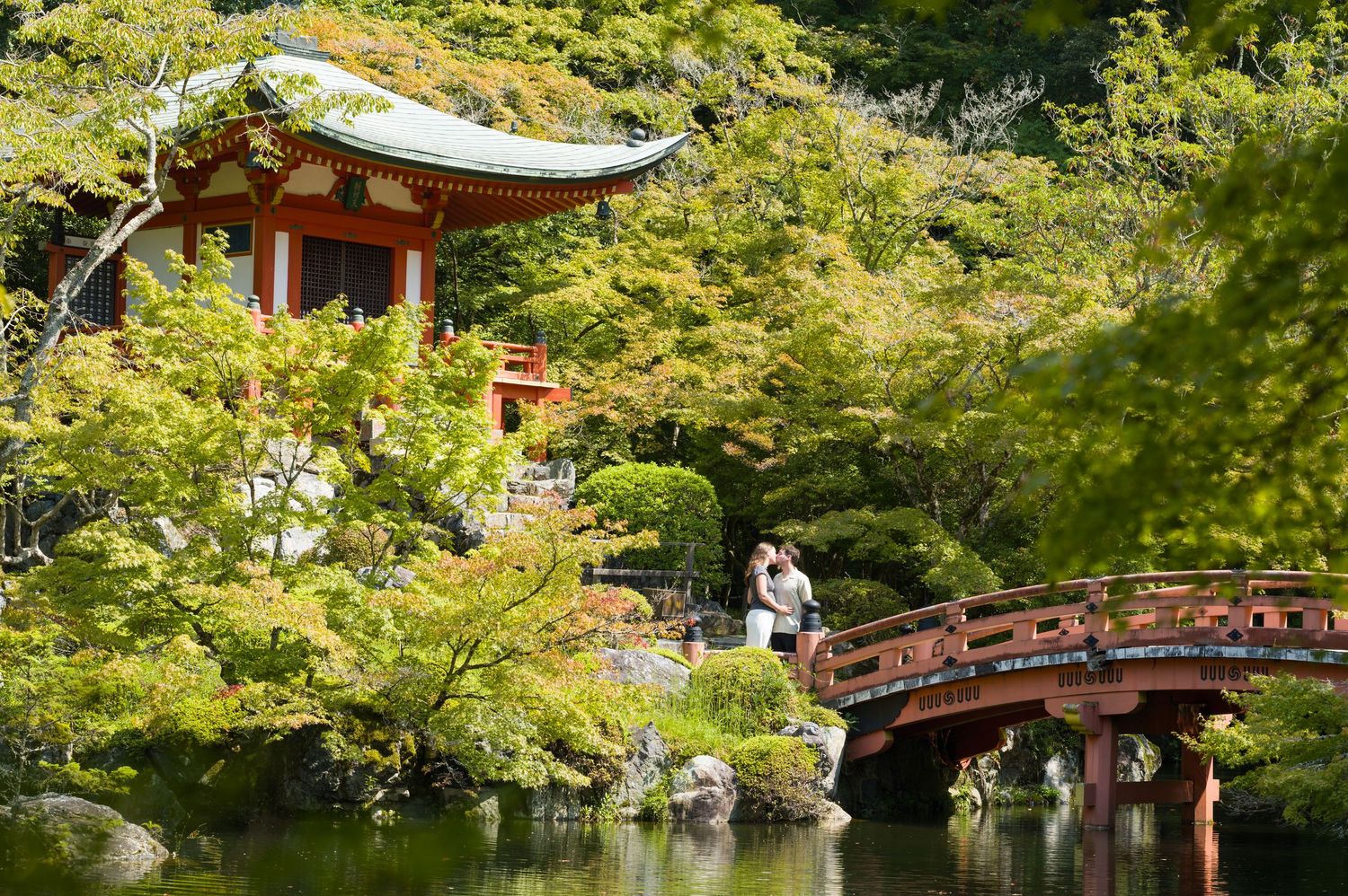 Red-railed wooden bridge and pavilion beside a calm pond, surrounded by lush green maple trees in a serene Japanese temple garden.