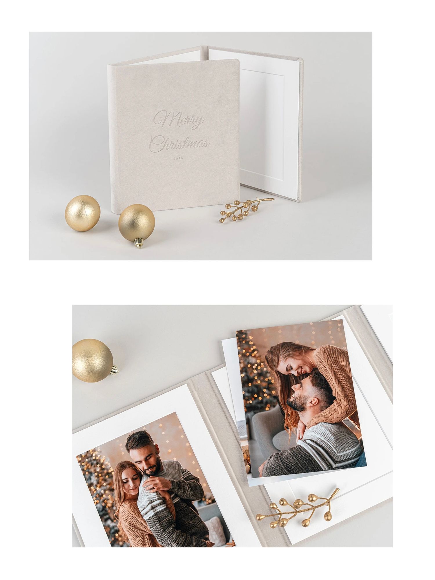 Cream velvet Merry Christmas photo folder with gold ornaments, then opened to show couple portraits by a glowing Christmas tree.