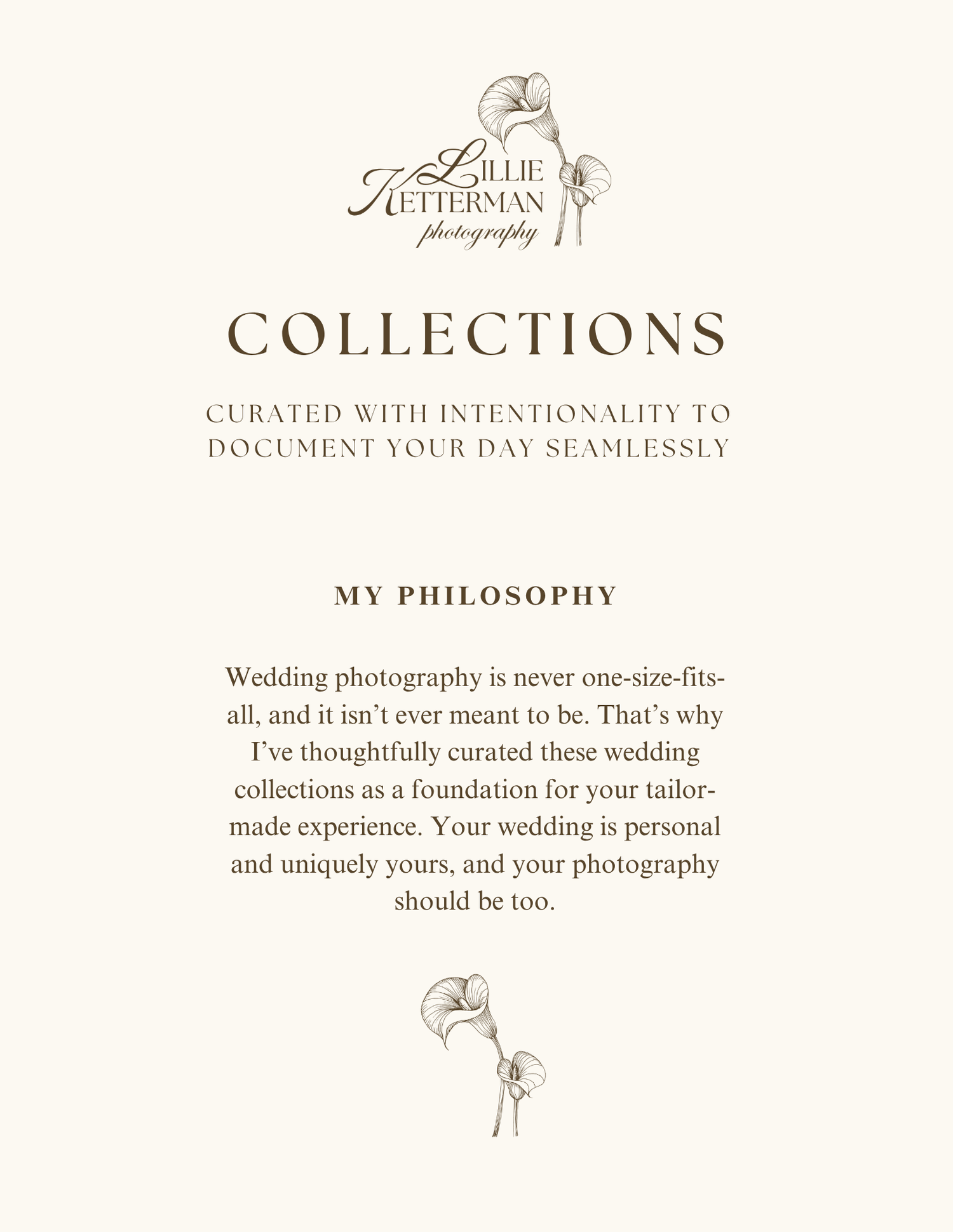 Lillie Letterman Photography investment guide with wedding philosophy on cream background featuring floral illustrations.