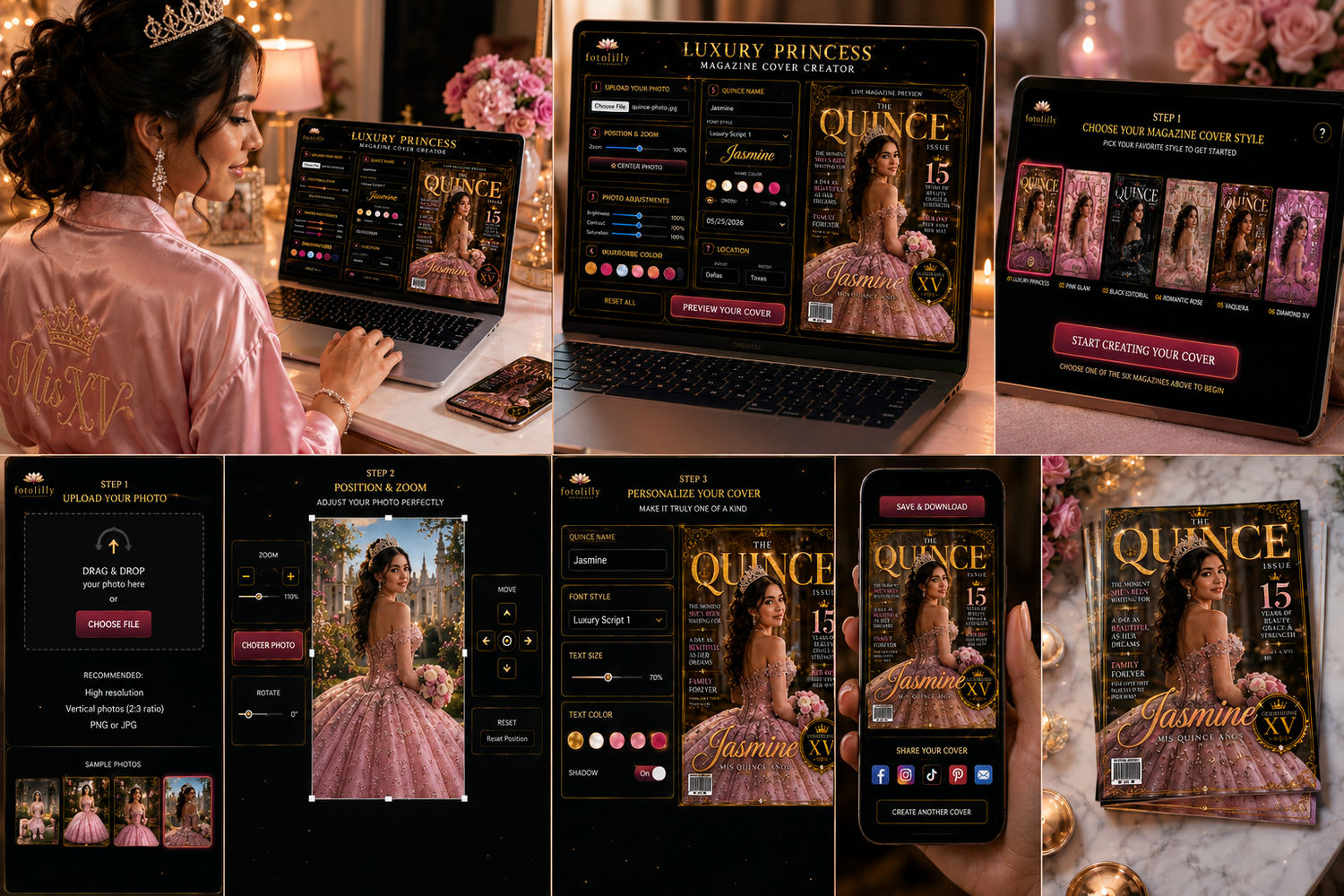 Make your own Quinceañera magazine cover FREE with Quince portraits, XV photos, dress pictures, poses and personalized magazine styles.