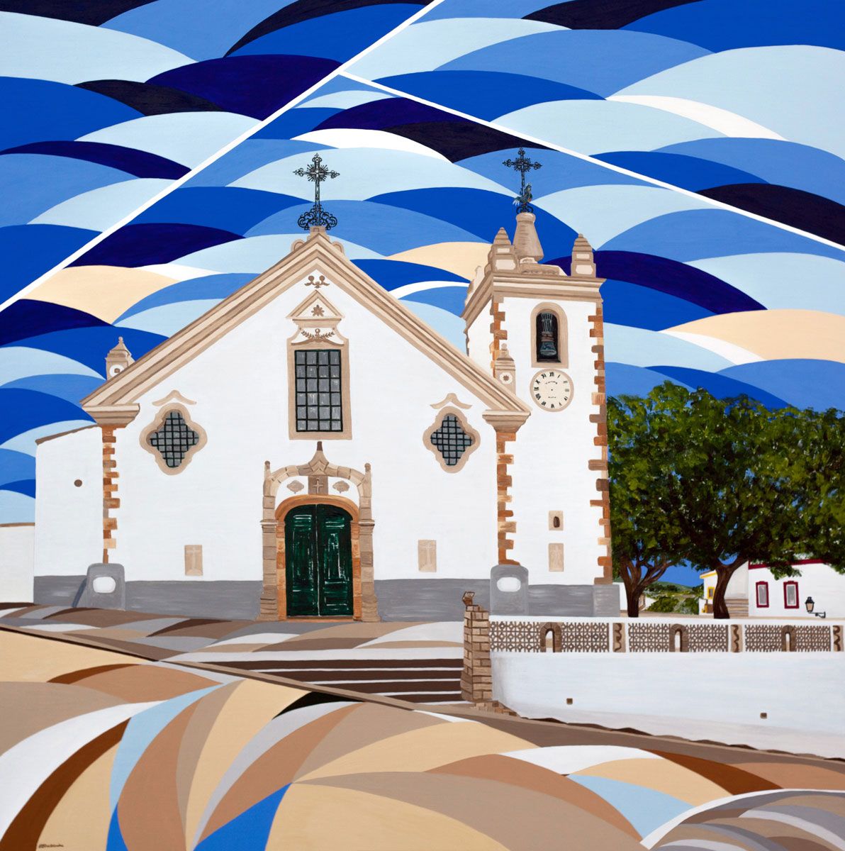 Stylized painting of a red and white lighthouse on rocky shore with bold blue and white wave patterns in the sky.