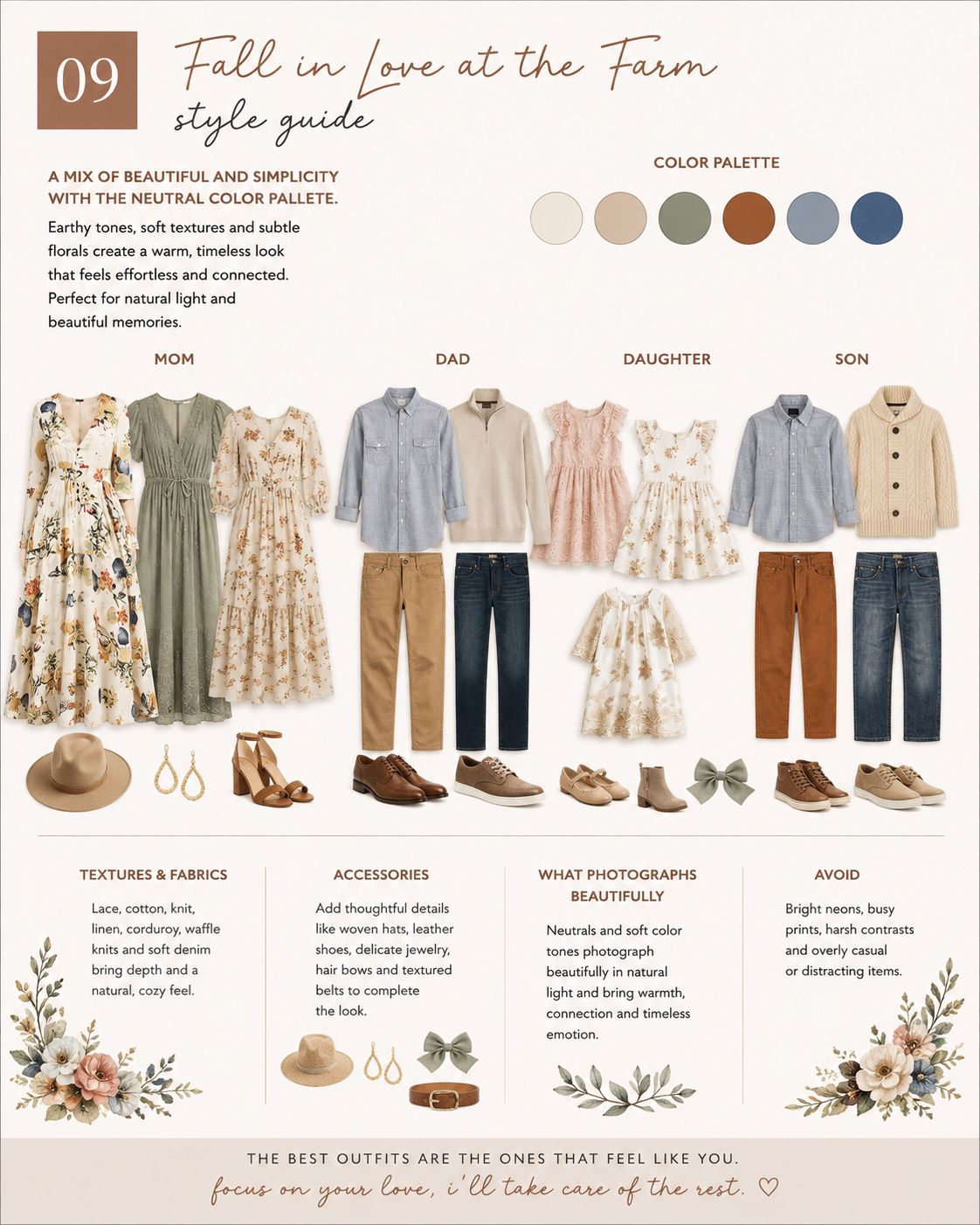 Fall farm family photo style guide with neutral color palette featuring floral, denim, and tan outfits for mom, dad, daughter, and son.