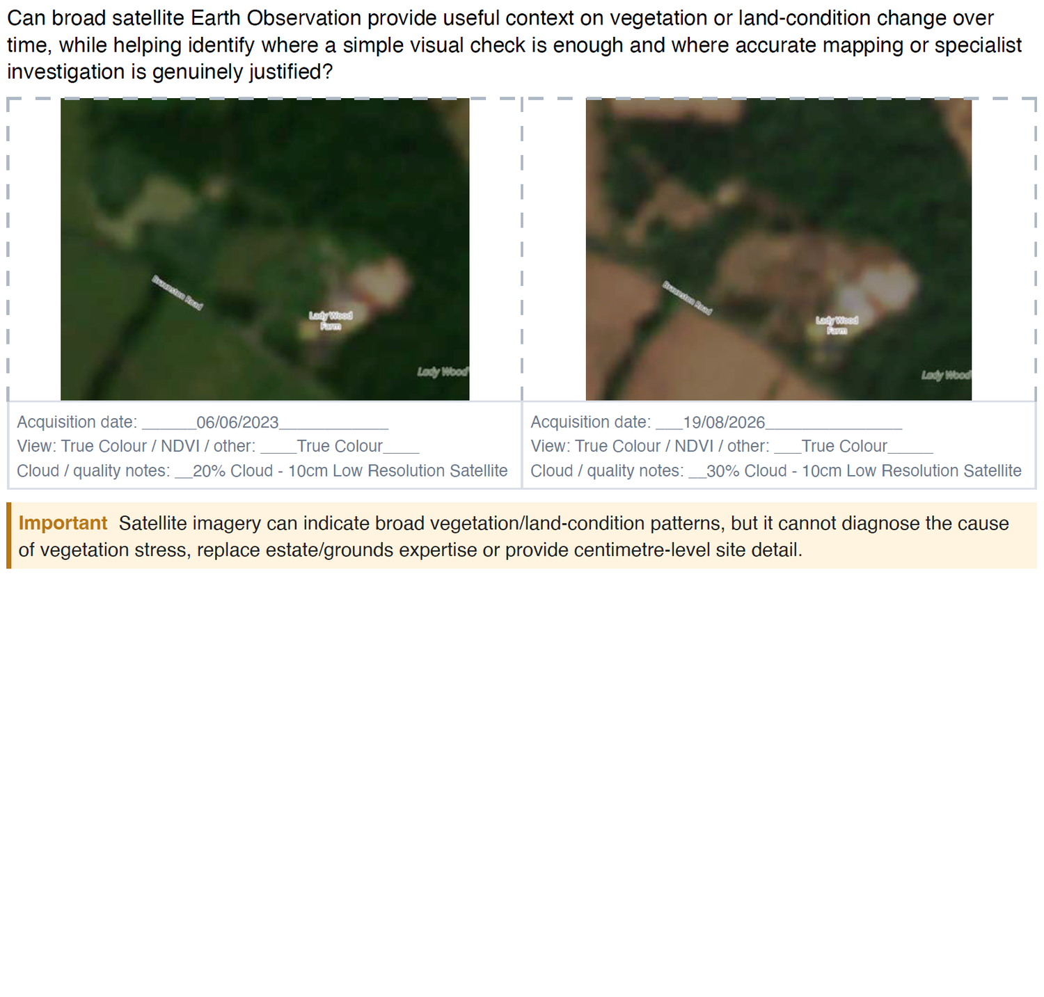 Satellite Earth Observation images comparing vegetation and land-condition changes over time using broad satellite imagery analysis.