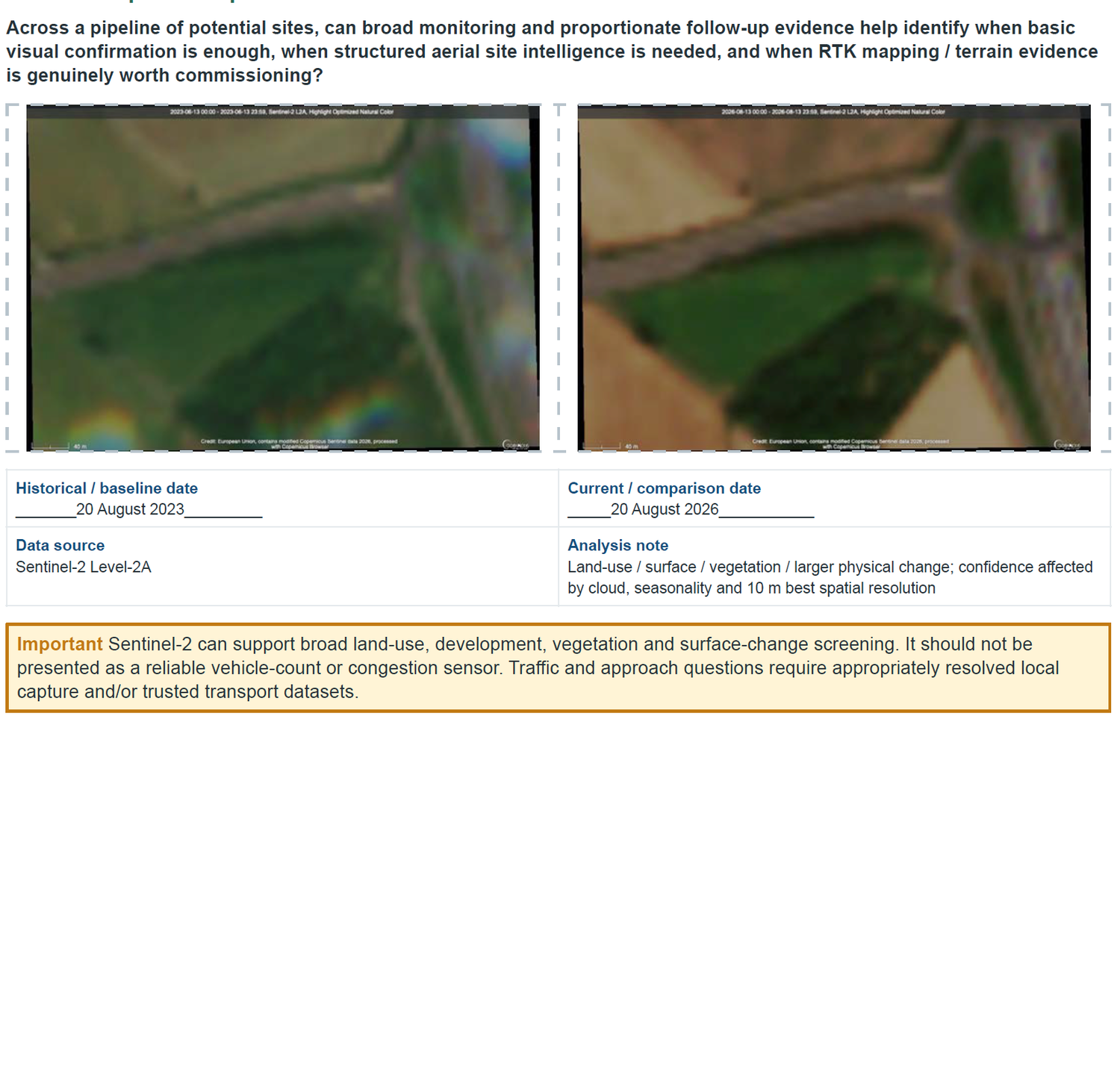 Satellite imagery comparison showing land use changes between historical and current dates using Sentinel-2 data analysis.