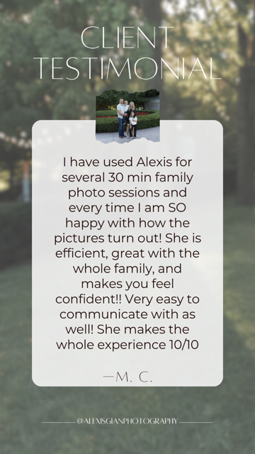 Client testimonial for Alexis Gian Photography from M.C. praising efficient 30-minute family photo sessions.