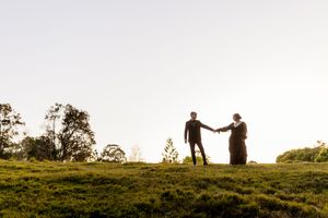 Couple holding hands silhouetted against golden sunset light on a lush green grassy hill with trees.