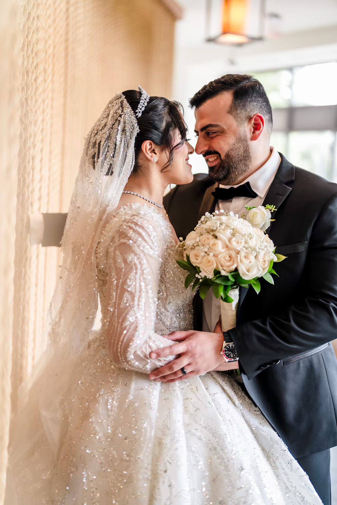Bride and groom share a romantic moment photo at renaissance wedding venue Westerville.