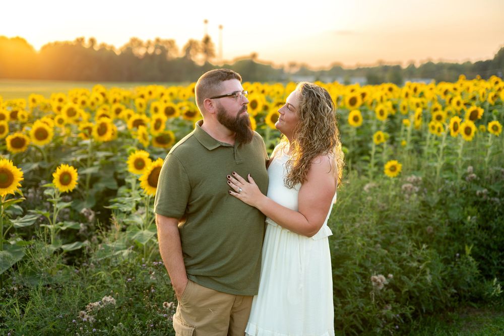 Couple embracing in a sunflower field at golden hour sunset, woman in white dress and man in green polo.