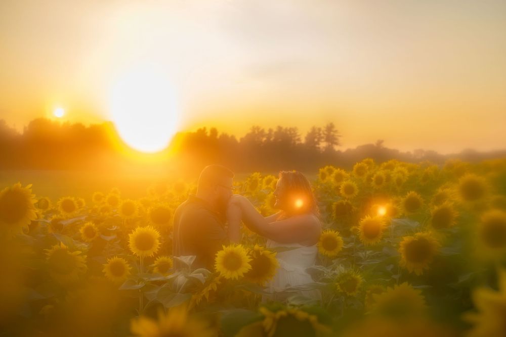 Romantic couple embracing in a vibrant sunflower field during a glowing golden sunset.