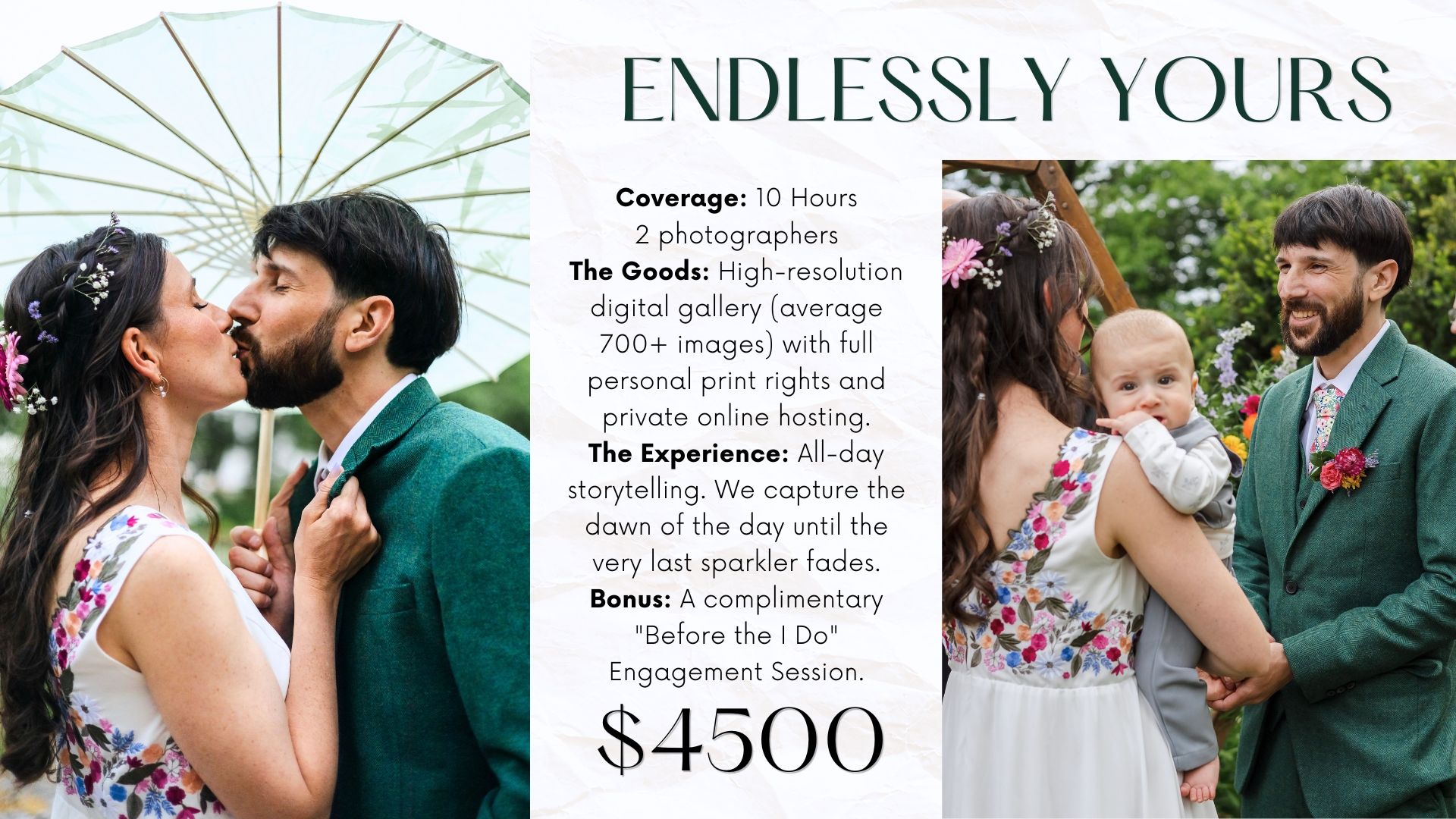 Couple sharing a romantic kiss under a floral umbrella at an outdoor wedding ceremony with lush greenery.