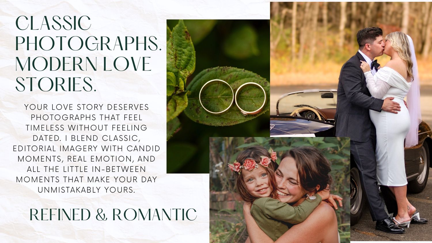 Wedding photographer promotional collage featuring gold rings, a romantic couple embracing outdoors, and a bride with floral crown.