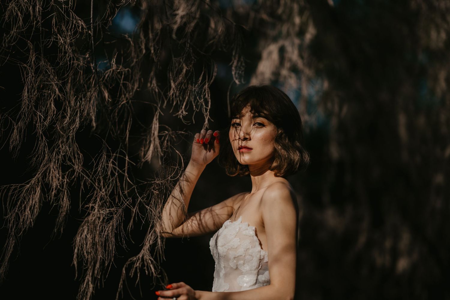 Dramatic wedding photography with dark forest backdrop and natural lighting.