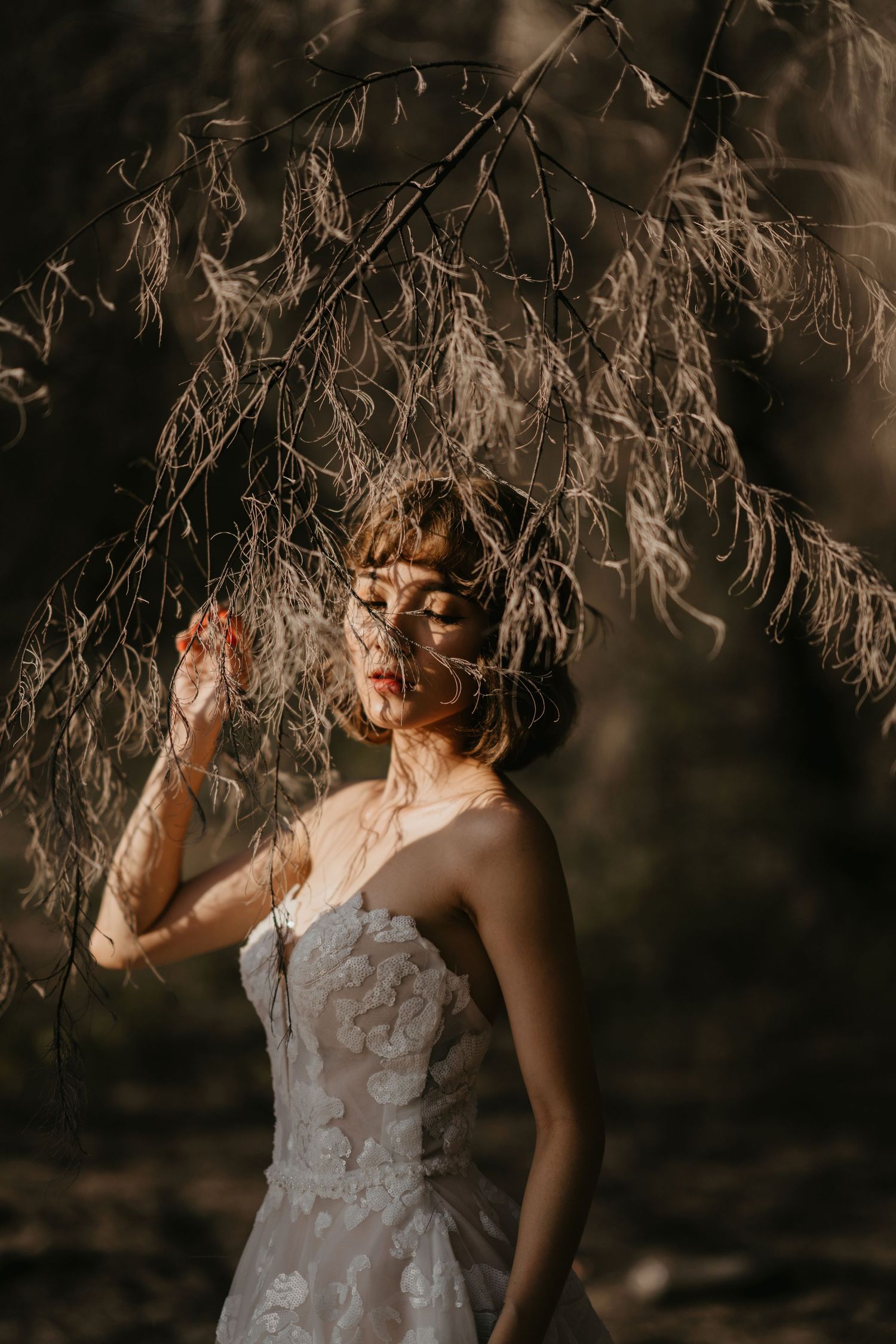 A bride reaches up to touch willow branches in dramatic lighting.