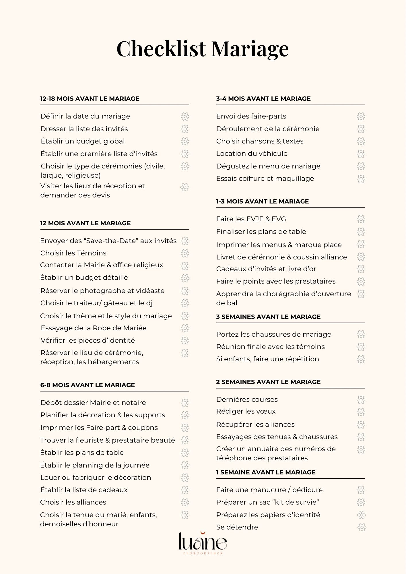 French wedding planning checklist timeline showing tasks organized by months before the ceremony.