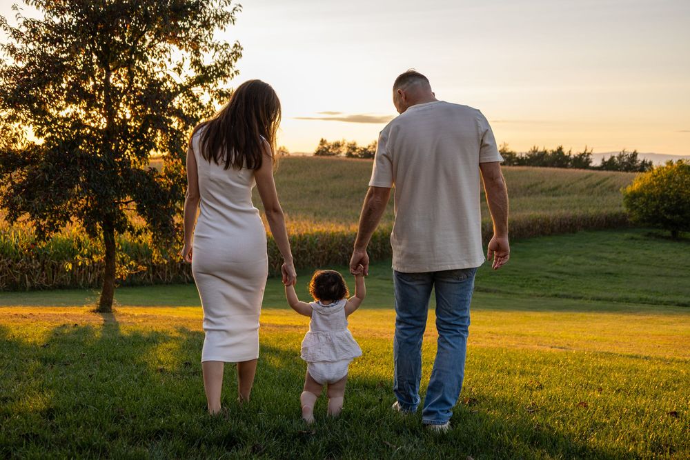 Family of three holding hands walking toward a beautiful golden sunset in a grassy field.