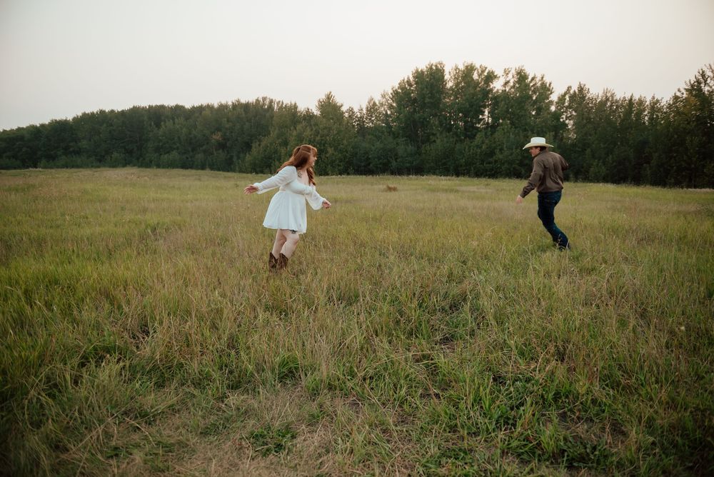 A series of connected images showing people walking through a serene grassy meadow at golden hour.