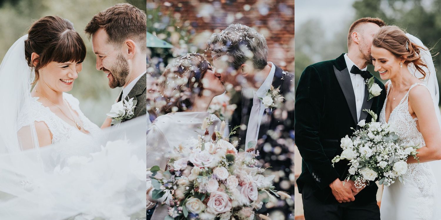 three photos of three different couples enjoying genuine moments at their weddings