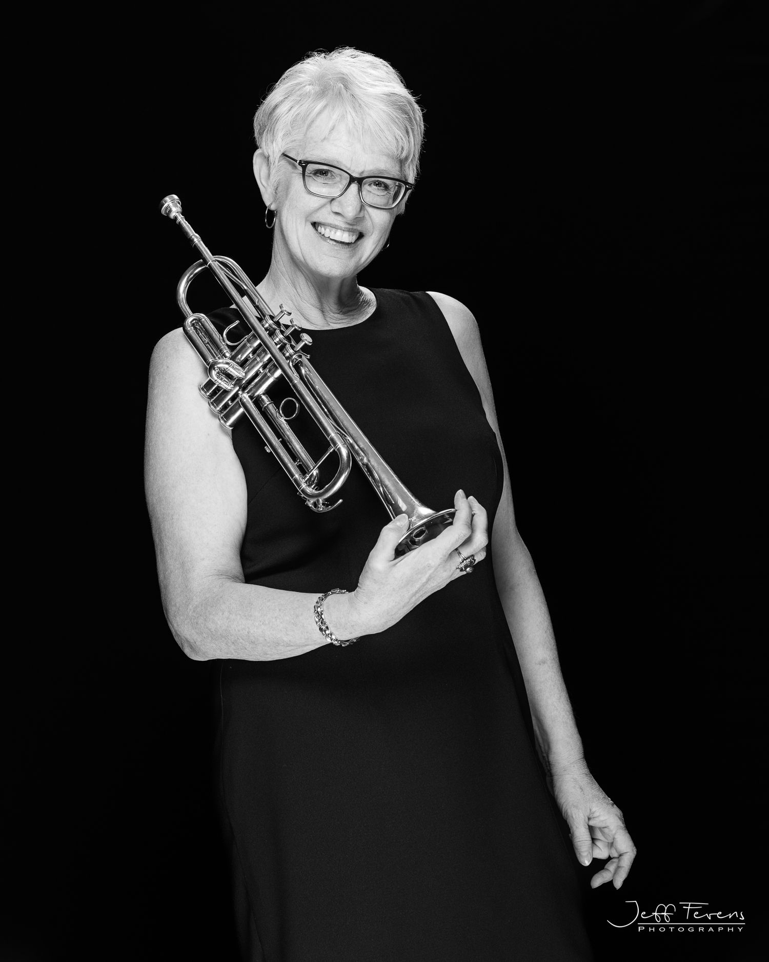 Black and White image of a female trumpet player