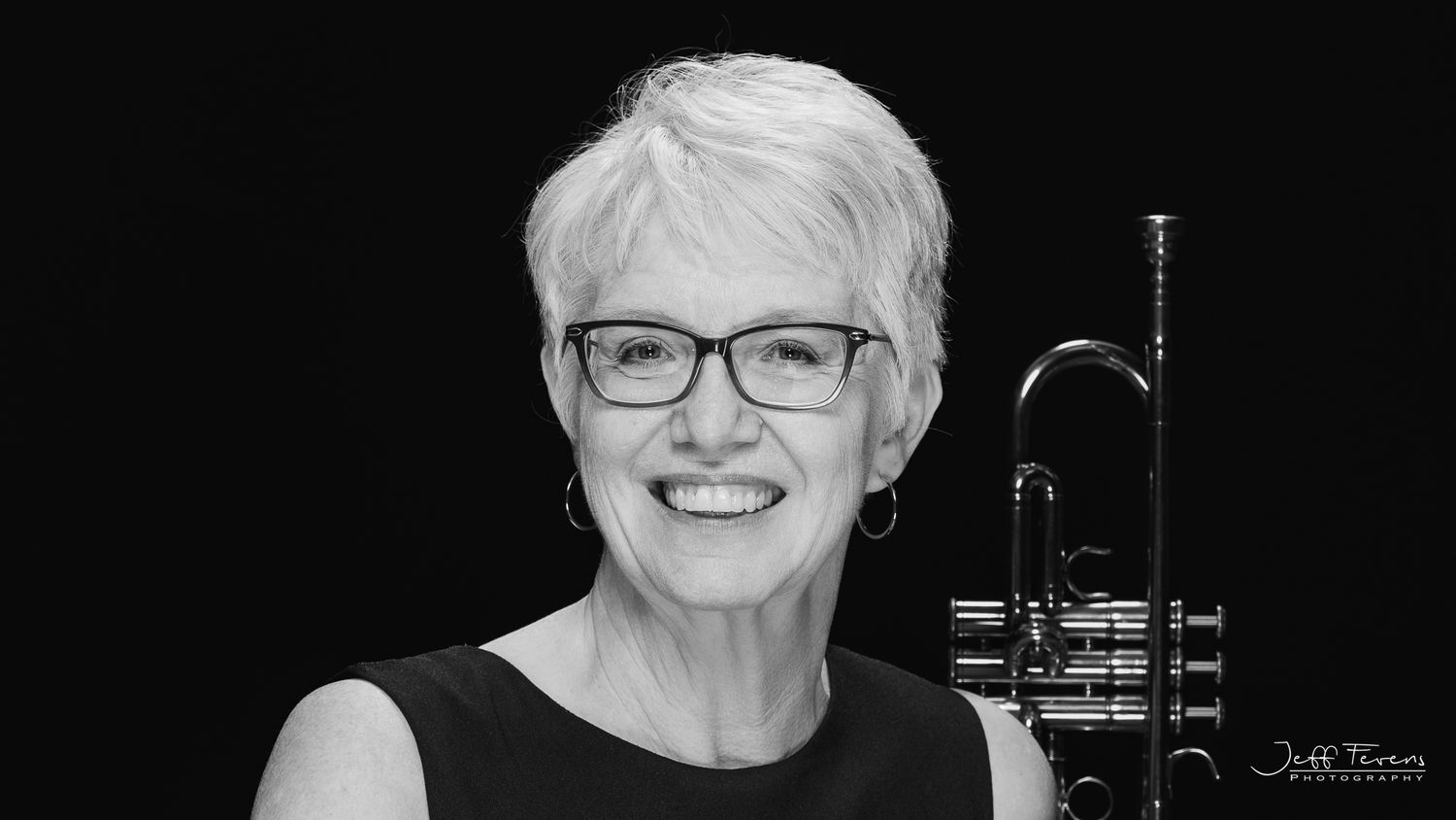 Black and White image of a female trumpet player