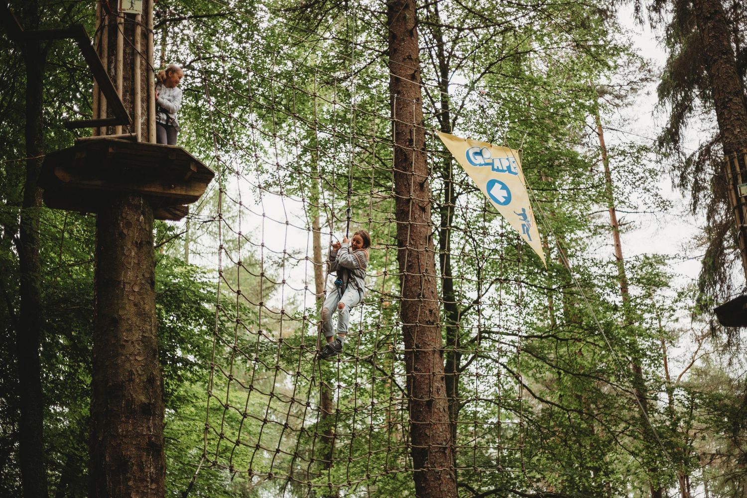 Person navigating through a challenging ropes course high up in the forest canopy.