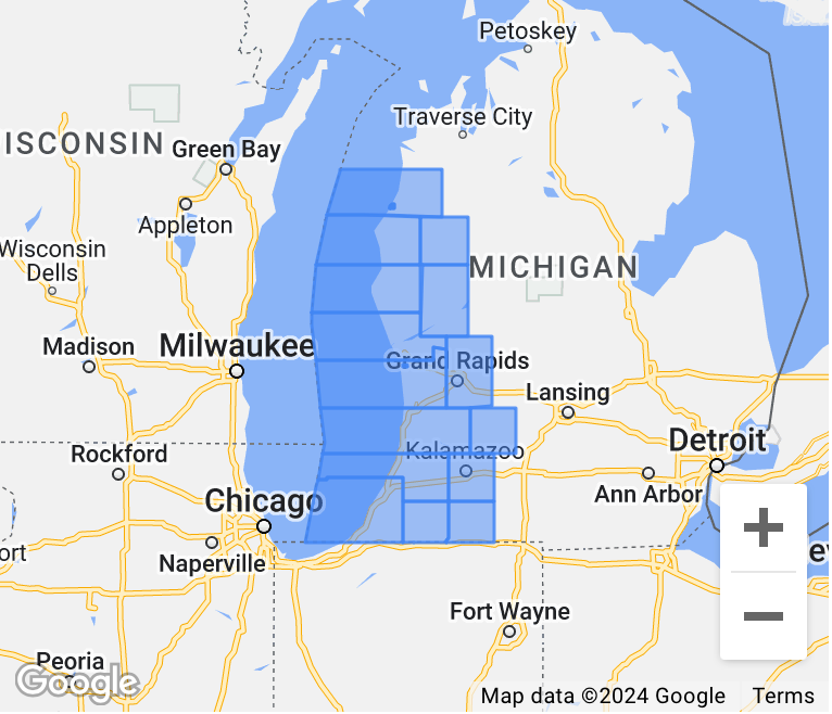 Map showing coverage area across Michigan and parts of Wisconsin near Lake Michigan.