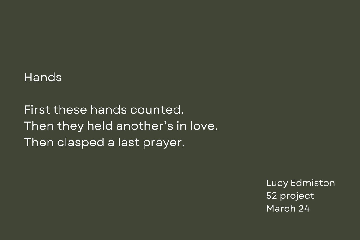 Dark green text slide featuring poetic verse about hands and prayer.