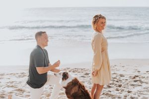 A beach proposal scene with a dog watching as someone kneels on the sand at sunset.