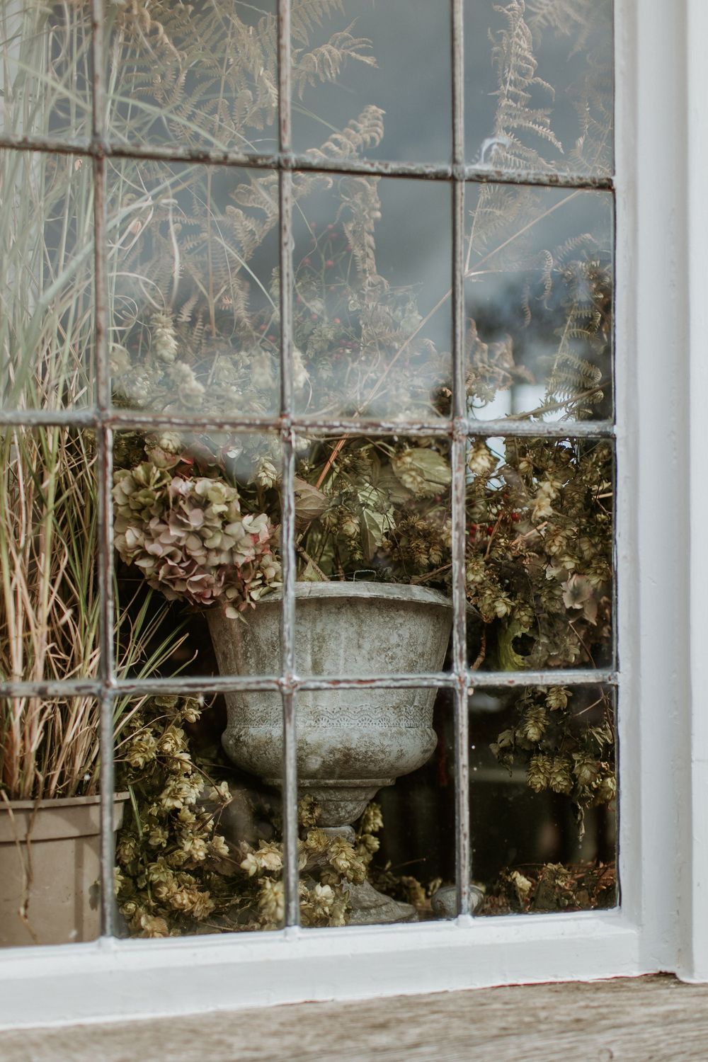 Frosted greenhouse windows with dried hydrangeas and vintage planters create a serene winter garden scene.