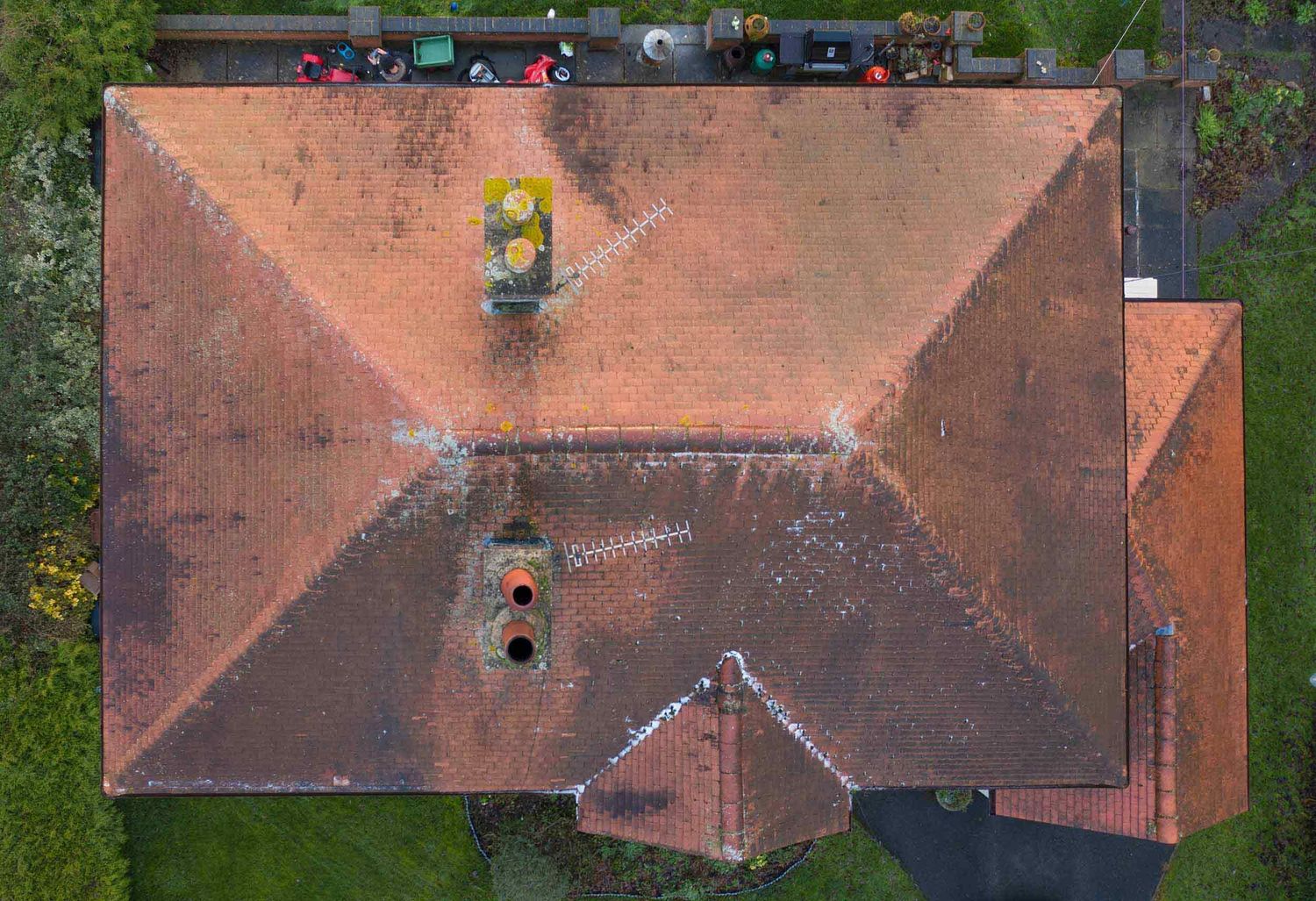 An aerial photograph of a house roof taken as part of a roof inspection
