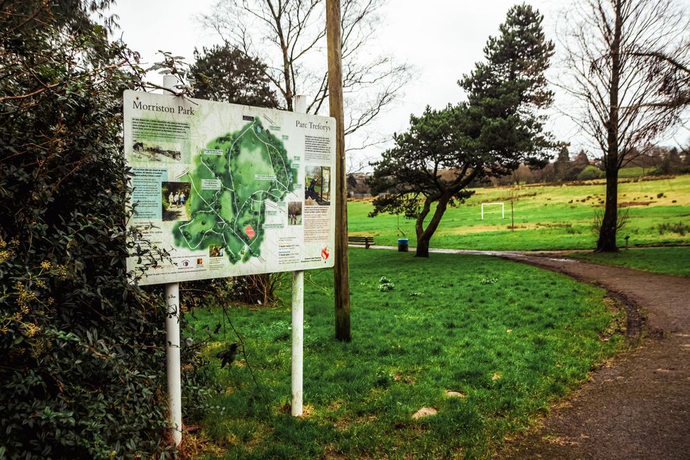 Trail map sign posted in green park landscape with winding path.