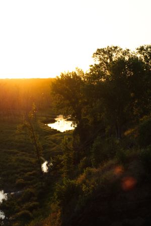 Scenic sunset view of a winding river through tree-lined landscape.