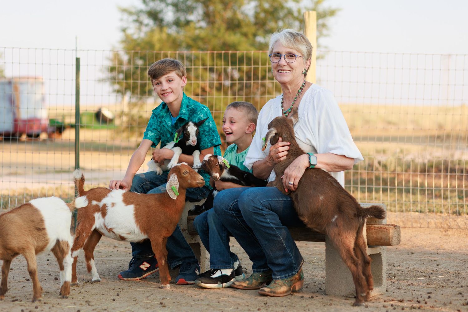 Grandmother and her grandkids laugh together while surrounded by baby goats.