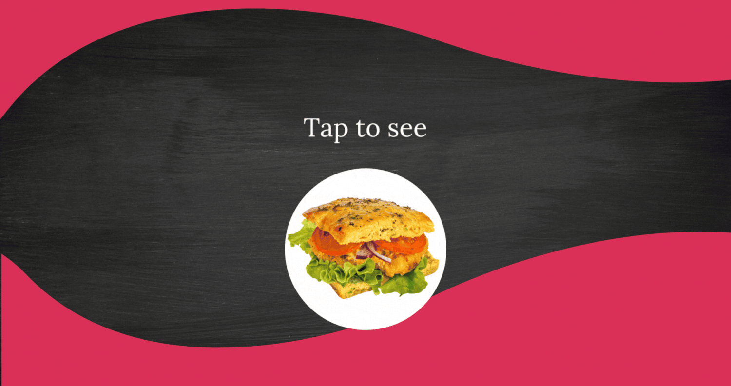 Plate of fried chicken on salad with ‘Tap to see’ text, set against a dark background and pink shape at bottom.